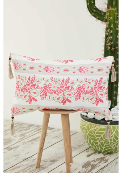püskül ve boncuk detaylı desenli kırlent Kılıfı 50 x 30 cm