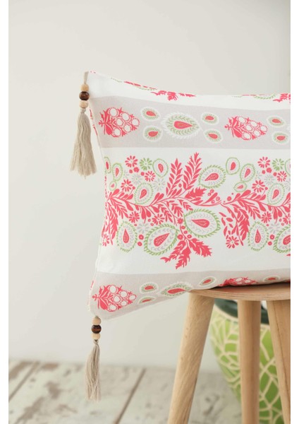 püskül ve boncuk detaylı desenli kırlent Kılıfı 50 x 30 cm