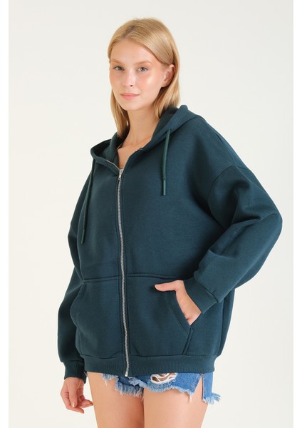 Kadın 3 Ip Şardonlu Kapüşonlu Fermuarlı Oversize Sweatshirt Yeşil fiyatları