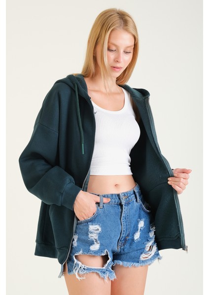 Kadın 3 Ip Şardonlu Kapüşonlu Fermuarlı Oversize Sweatshirt Yeşil fırsatları