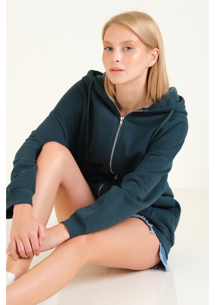 Kadın 3 Ip Şardonlu Kapüşonlu Fermuarlı Oversize Sweatshirt Yeşil indirimleri