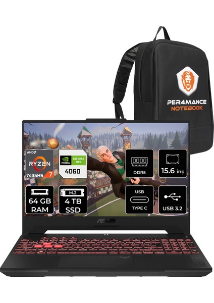 Tuf Gaming A15 Amd Ryzen 7 7435HS 64GB 4tb SSD RTX4060/8GB 15.6" Fhd 144Hz Fdos Taşınabilir Bilgisayar & Per4 Çanta LP029P335