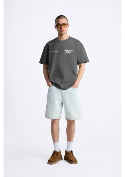 Bisiklet Yaka Eighty Five Yazılı Oversize Füme Erkek T-Shirt