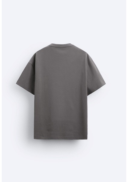 Bisiklet Yaka Eighty Five Yazılı Oversize Füme Erkek T-Shirt