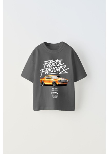 Fast Furious Yazılı Araba Baskılı Füme Çocuk T-Shirt