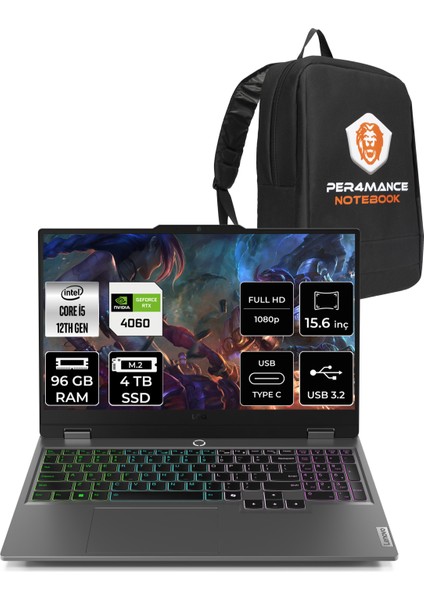 Loq Intel Core I5 12450HX 96GB 4tb SSD RTX4060/8GB 105W 15.6" Fhd 144Hz Fdos Taşınabilir Bilgisayar & Per4 Çanta 83GS007XTRP340