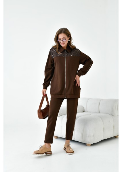 Kadın İki İp Taş Detay Takım Kahve 30938 modelleri