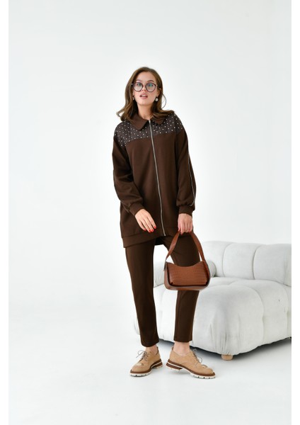 Kadın İki İp Taş Detay Takım Kahve 30938 indirimleri