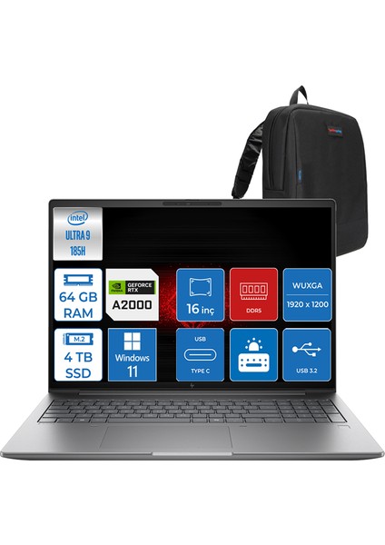 Hp Zbook Power G11 Ultra 9 185H 64GB 4tb SSD 8GB/RTXA2000 16" Wuxga Windows 11 Pro Z5G4B9ESP02 + Zettaçanta