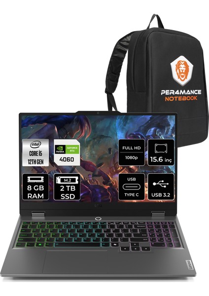 Loq Intel Core I5 12450HX 8gb 2tb SSD RTX4060/8GB 105W 15.6" Fhd 144Hz Fdos Taşınabilir Bilgisayar & Per4 Çanta 83GS007XTRP304