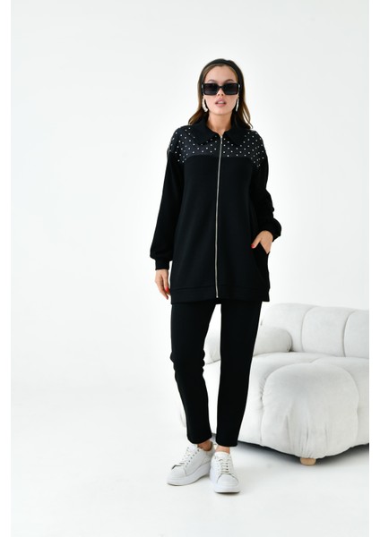 Kadın İki İp Taş Detay Takım Siyah 30938