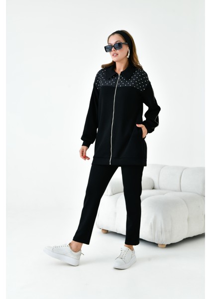 Kadın İki İp Taş Detay Takım Siyah 30938 fırsatları