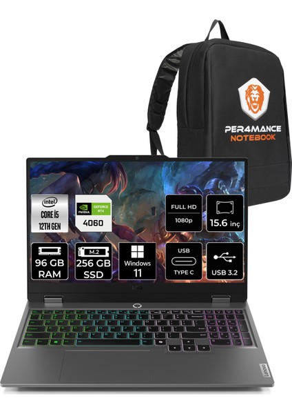 Loq Intel Core I5 12450HX 96GB 256GB SSD RTX4060/8GB 105W 15.6" Fhd 144Hz W11P Taşınabilir Bilgisayar & Per4 Çanta 83GS007XTRP416