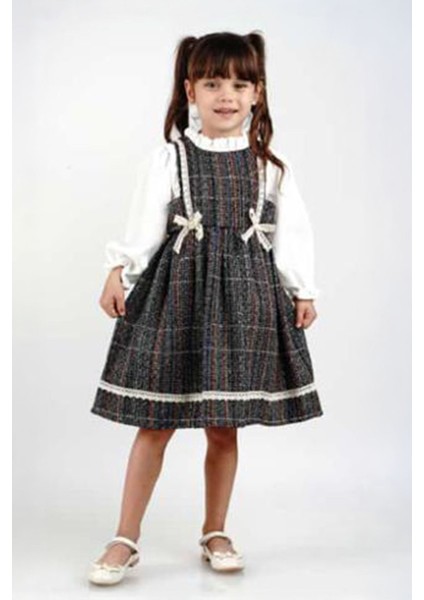 Tuvit Ekose Yaka Roba Fistolu Kız çocuk elbise - Siyah