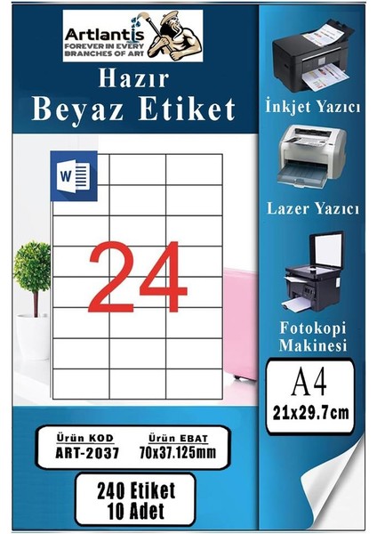 A4 Hazır Etiket 70X37.12 mm 10 Sayfa 1 Paket 24 Lü Kendinden Yapışkanlı Fotokopi Lazer Inkjet Kağıdı Yazıcılar Için Uyumlu