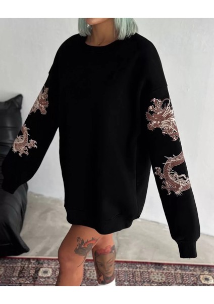 Kolları Ejderha Baskılı Sweatshirt