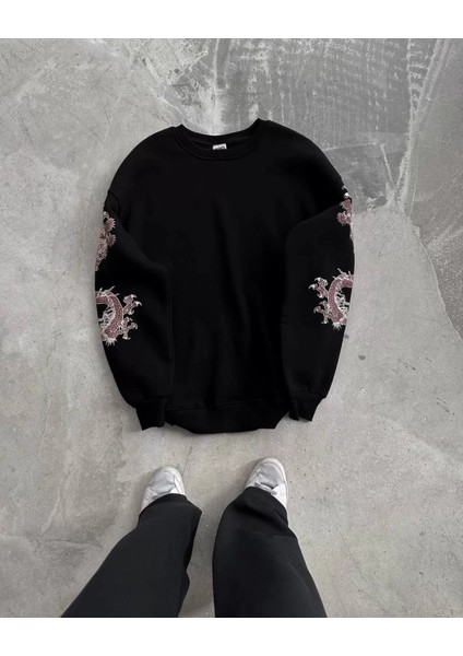 Kolları Ejderha Baskılı Sweatshirt