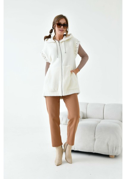 Kadın Kaşmir Taşlı Yelek Ekru 30955