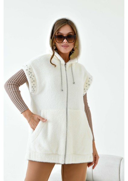 Kadın Kaşmir Taşlı Yelek Ekru 30955 modelleri