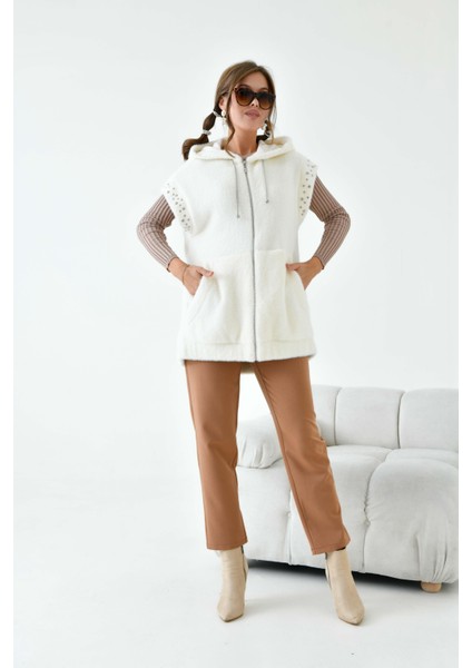 Kadın Kaşmir Taşlı Yelek Ekru 30955 indirimleri