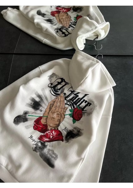 Kapüşonlu Sırt Baskılı Gül Detaylı Sweatshirt