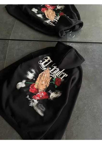 Kapüşonlu Sırt Baskılı Gül Detaylı Sweatshirt