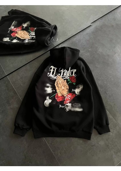 Kapüşonlu Sırt Baskılı Gül Detaylı Sweatshirt