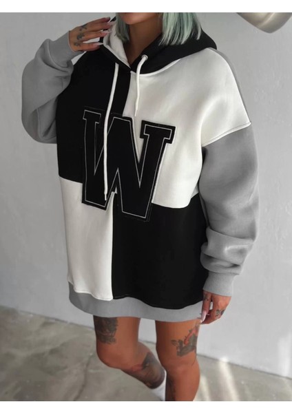 W Nakışlı Parçalı Kapüşonlu Sweatshirt