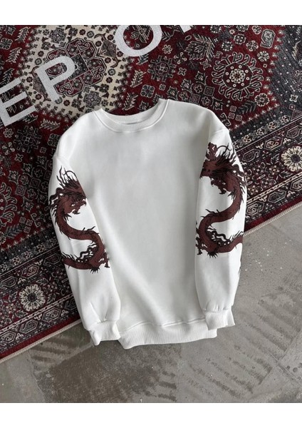 Kolları Ejderha Baskılı Sweatshirt