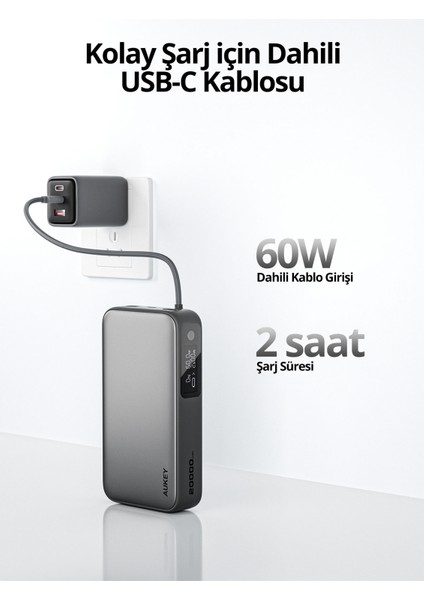 PB-Y48-GY 100W 20000 mAh PD Dahili Type-C Kablolu Powerbank