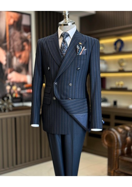 Italyan Stil Slim Fit Erkek Çizgili Kruvaze Ceket Pantolon Takım Elbise Lacivert T12986