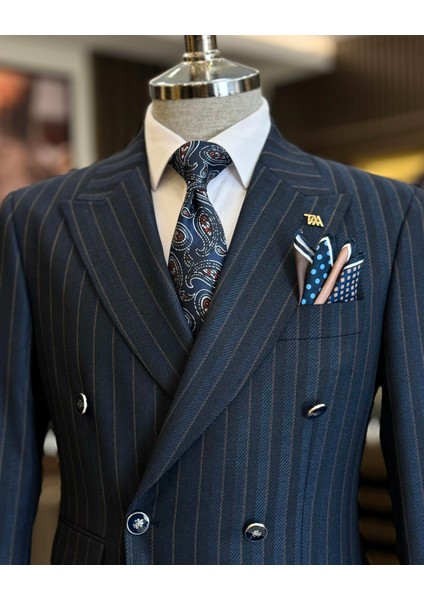 Italyan Stil Slim Fit Erkek Çizgili Kruvaze Ceket Pantolon Takım Elbise Lacivert T12986