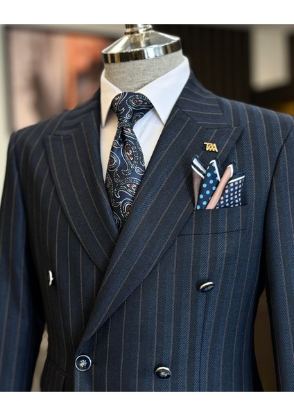 Italyan Stil Slim Fit Erkek Çizgili Kruvaze Ceket Pantolon Takım Elbise Lacivert T12986