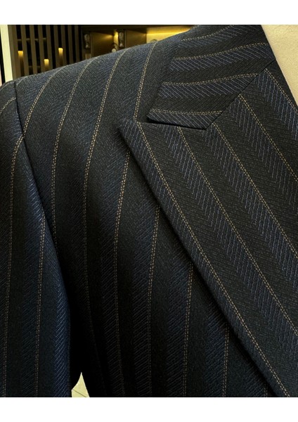 Italyan Stil Slim Fit Erkek Çizgili Kruvaze Ceket Pantolon Takım Elbise Lacivert T12986
