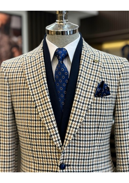 Italyan Stil Slim Fit Kazayağı Desen Erkek Ceket Lacivert T13046 fiyatları