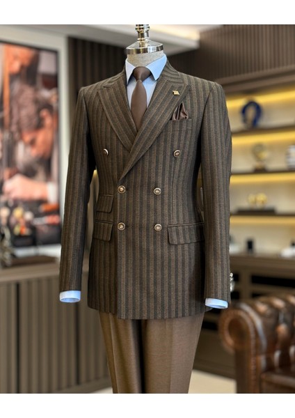 Italyan Stil Slim Fit Erkek Çizgili Kruvaze Ceket Pantolon Takım Elbise Kahverengi T12985