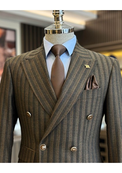 Italyan Stil Slim Fit Erkek Çizgili Kruvaze Ceket Pantolon Takım Elbise Kahverengi T12985 fiyatları