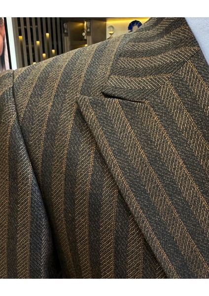 Italyan Stil Slim Fit Erkek Çizgili Kruvaze Ceket Pantolon Takım Elbise Kahverengi T12985 modelleri