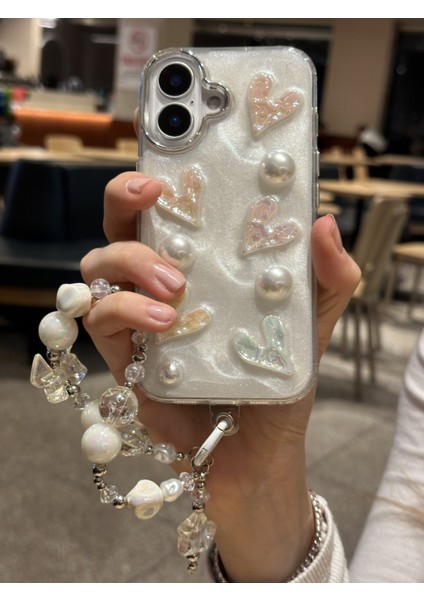 iPhone 16 Plus Uyumlu Lux Işıltılı Inci Charmlı Kalpli Kılıf