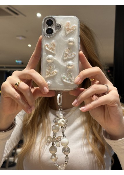 iPhone 16 Plus Uyumlu Lux Işıltılı Inci Charmlı Kalpli Kılıf