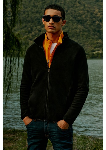 Erkek Siyah Anti-pilling Tüylenme Yapmayan Standart Fit Dik Bato Yaka Sweatshirt Polar Ceket