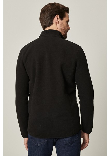 Erkek Siyah Anti-pilling Tüylenme Yapmayan Standart Fit Dik Bato Yaka Sweatshirt Polar Ceket