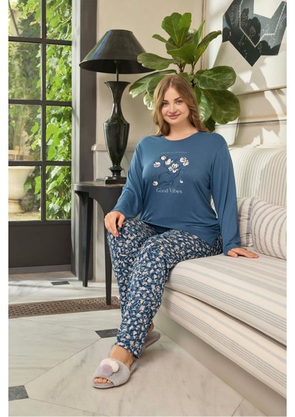 Kadın Inci Büyük Beden Tulips Indigo Pijama Takım 0660