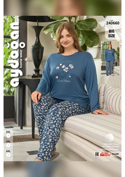 Kadın Inci Büyük Beden Tulips Indigo Pijama Takım 0660