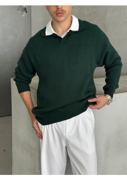 Erkek Polo Yaka Örme Oversize Kazak fırsatları