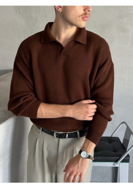 Erkek Polo Yaka Örme Oversize Kazak