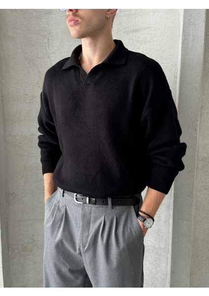 Erkek Polo Yaka Örme Oversize Kazak