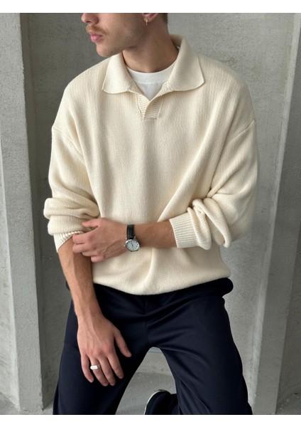 Erkek Polo Yaka Örme Oversize Kazak