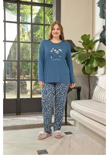 Kadın Inci Büyük Beden Tulips Indigo Pijama Takım 0660