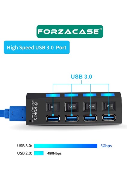 Işıklı Düğmeli 4 Port USB 3.0 Port Çoğaltıcı Hub Switch - FC800